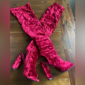 Elegant Red Velvet Over-the-Knee Open Back Boots